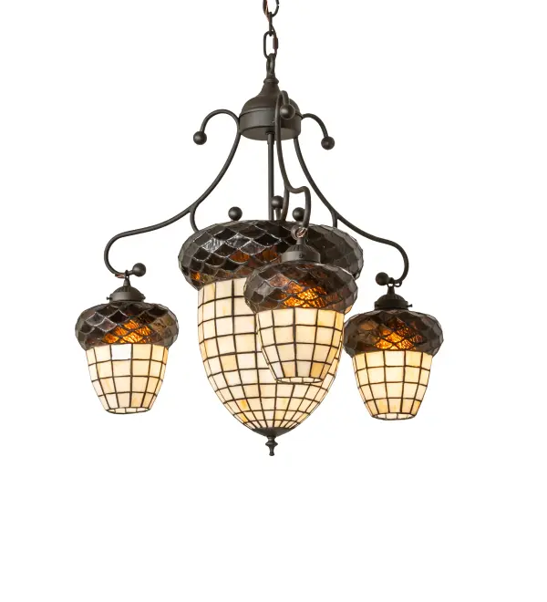 Inspired by the hues and textures of the mighty Oak Tree... This chandelier features four art glass shades in Multi-toned Autumn Beige and crowned with scalloped trim in Bark Brown Granite Glass. The shade is created using the famous Meyda Tiffany copperfoil construction and complemented with elaborate hardware in a stunning Oil Rubbed Bronze finish. The overall height of this fixture ranges from 30 to 100 inches, as the chain can be easily adjusted in the field. The Acorn Chandelier is included in our American-made, American-designed, handcrafted Nature Inspired Collection. UL and cUL listed for dry and damp locations. No two art glass shades will be the same as their individuality can be as remarkably unique as their personality. Collection: Acorn Finish: Oil Rubbed Bronze Glass: Stained Glass Width: 28.00" Height: 30.00" Length: 28.00" Weight: 22.00 lb Number of Bulbs: 2 Maximum Wattage: 18.00 W Bulb Type: A19 Bulb Base: E26 Light Source: LED Material: Steel Country of Origin: USA Safety Rating: Damp LED