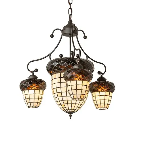 Inspired by the hues and textures of the mighty Oak Tree... This chandelier features four art glass shades in Multi-toned Autumn Beige and crowned with scalloped trim in Bark Brown Granite Glass. The shade is created using the famous Meyda Tiffany copperfoil construction and complemented with elaborate hardware in a stunning Oil Rubbed Bronze finish. The overall height of this fixture ranges from 30 to 100 inches, as the chain can be easily adjusted in the field. The Acorn Chandelier is included in our American-made, American-designed, handcrafted Nature Inspired Collection. UL and cUL listed for dry and damp locations. No two art glass shades will be the same as their individuality can be as remarkably unique as their personality. Collection: Acorn Finish: Oil Rubbed Bronze Glass: Stained Glass Width: 28.00" Height: 30.00" Length: 28.00" Weight: 22.00 lb Number of Bulbs: 2 Maximum Wattage: 18.00 W Bulb Type: A19 Bulb Base: E26 Light Source: LED Material: Steel Country of Origin: USA Safety Rating: Damp LED - alternate view