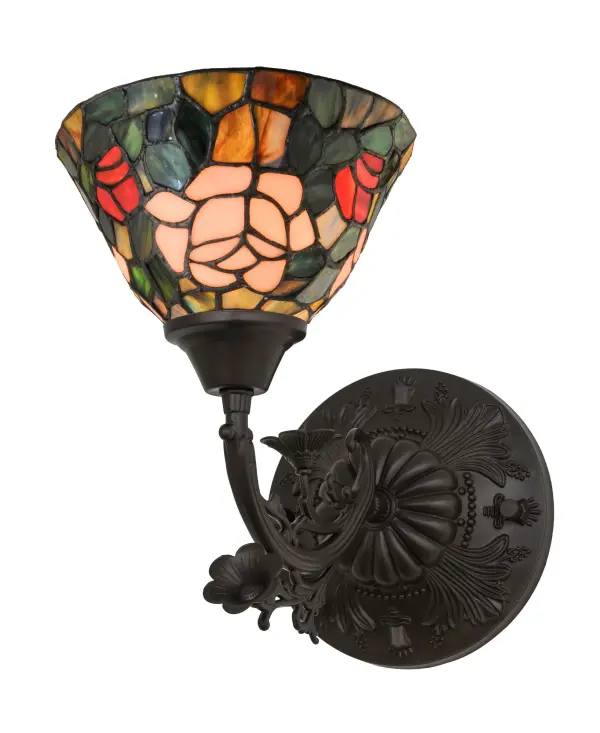 The most beloved of all flowers, the rose, is beautifully represented in this Meyda reproduction of a Tiffany Studio classic. Petal Pink, Romantic Red and Plum Passion art glass roses ramble on a maze of Garden Green leaves. The delicate domed stained glass shade is paired with a graceful, hand finished Mahogany Bronze one light wall sconce fixture. Collection: Tiffany Rosebush Finish: Mahogany Bronze Glass: Stained Glass Width: 8.00" Height: 11.00" Length: 14.00" Weight: 1.00 lb Extension from Wall: 14.00" Number of Bulbs: 1 Maximum Wattage: 60.00 W Bulb Type: E26 Bulb Base: E26 Material: Metal Country of Origin: CHINA Safety Listing: Dry Safety Rating: Damp