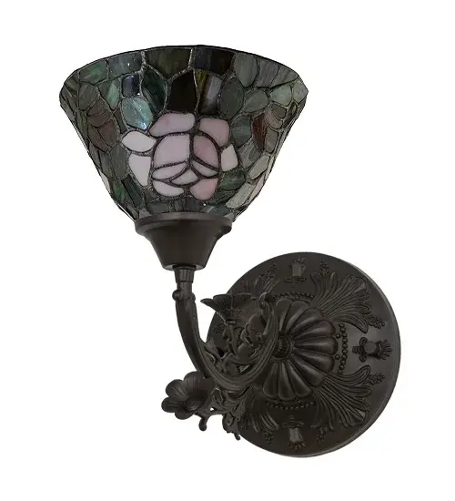 The most beloved of all flowers, the rose, is beautifully represented in this Meyda reproduction of a Tiffany Studio classic. Petal Pink, Romantic Red and Plum Passion art glass roses ramble on a maze of Garden Green leaves. The delicate domed stained glass shade is paired with a graceful, hand finished Mahogany Bronze one light wall sconce fixture. Collection: Tiffany Rosebush Finish: Mahogany Bronze Glass: Stained Glass Width: 8.00" Height: 11.00" Length: 14.00" Weight: 1.00 lb Extension from Wall: 14.00" Number of Bulbs: 1 Maximum Wattage: 60.00 W Bulb Type: E26 Bulb Base: E26 Material: Metal Country of Origin: CHINA Safety Listing: Dry Safety Rating: Damp - alternate view