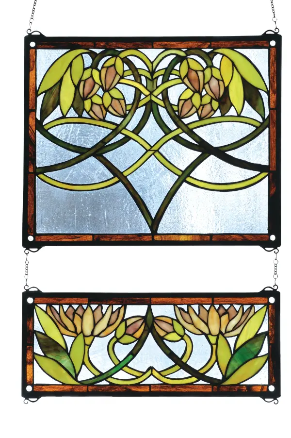 Meyda Tiffany's Water Lily window is an original design with art nouveau influence. Handcrafted utilizing the copperfoil construction process and stained art glass encased in a solid brass frame; each window is a unique creation. Mounting bracket and jack chain included.