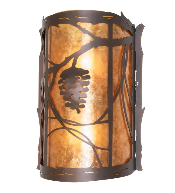 Invite the beauty of nature into your home with a charming wall fixture featuring metal accents designed as Pinecones, Pine needles, and branches. Experience the warm beauty of an Amber Mica diffuser enhanced with a Mahogany Bronze finish. The fixture complements the matching right sconce 272092 and left sconce 261021. The Whispering Pines Right Wall Sconce is featured in our American-made, American-designed, handcrafted Nature Inspired Collection. It was manufactured in Yorkville, New York. UL and cUL listed for dry and damp locations. Collection: Whispering Pines Finish: Mahogany Bronze Glass: Amber Mica Width: 10.00" Height: 14.00" Length: 4.50" Weight: 3.50 lb Number of Bulbs: 2 Maximum Wattage: 60.00 W Bulb Type: A19 Bulb Base: E26 Material: Steel Country of Origin: USA Safety Rating: Damp
