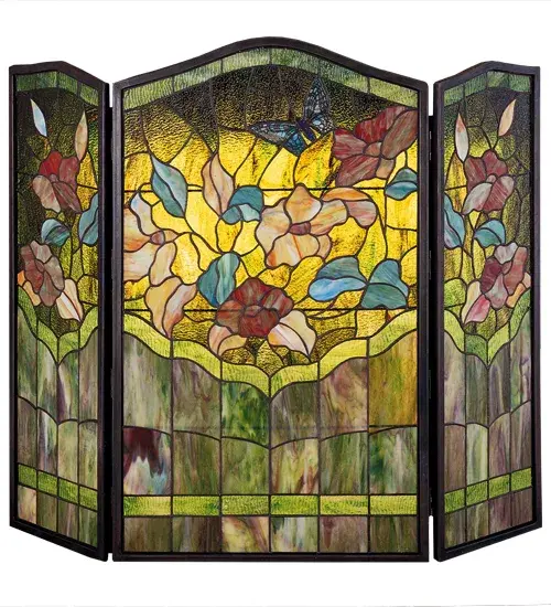 A Butterfly soars above Beige and Merlot blooms against Summer Green granite glass. This beautiful fireplace screen is created from 248 pieces of stained art glass and framed in solid brass channel.