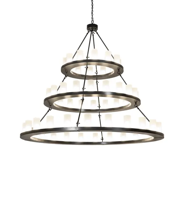 Blending an elegant style with a classic; distinguished look... The Loxley chandelier is custom-crafted with 56 Cylindres featuring Rainstone Idalight layered over Clear Frosted Glass diffusers. These illuminating elements are perched on three sturdy rings; which are enhanced with a Timeless Bronze finish. The overall height ranges from 66 to 158 inches; as the chain can be adjusted in the field to meet your exact requirements. This luxurious custom fixture is ideal for illuminating ballrooms; dining tables; lobbies; entryways; and other residential; hospitality; and commercial spaces. The Loxley 56 Light Three Tier Chandelier is included in our American-made; American-designed; handcrafted Contemporary Lighting Collection. This fixture is manufactured in Yorkville; New York; and is UL and cUL listed for dry and damp locations.