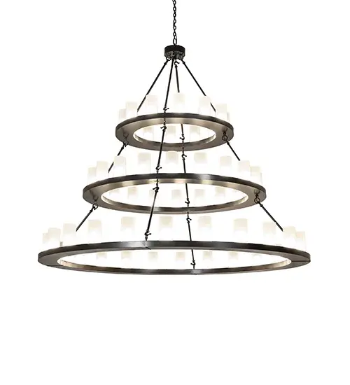 Blending an elegant style with a classic; distinguished look... The Loxley chandelier is custom-crafted with 56 Cylindres featuring Rainstone Idalight layered over Clear Frosted Glass diffusers. These illuminating elements are perched on three sturdy rings; which are enhanced with a Timeless Bronze finish. The overall height ranges from 66 to 158 inches; as the chain can be adjusted in the field to meet your exact requirements. This luxurious custom fixture is ideal for illuminating ballrooms; dining tables; lobbies; entryways; and other residential; hospitality; and commercial spaces. The Loxley 56 Light Three Tier Chandelier is included in our American-made; American-designed; handcrafted Contemporary Lighting Collection. This fixture is manufactured in Yorkville; New York; and is UL and cUL listed for dry and damp locations. - alternate view