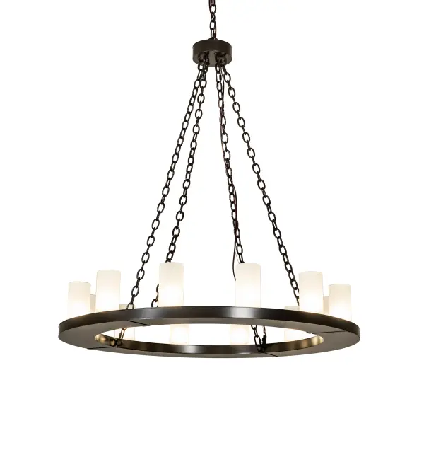 Blending an elegant style with a classic, distinguished look... The Loxley chandelier is custom-crafted with 12 Rainstone Idalight/Clear Frosted Glass Cylindres and complemented with a Timeless Bronze finish. The overall height ranges from 50 to 121 inches, as the chain can be adjusted in the field to meet your exact lighting specifications. This luxurious fixture is ideal for illuminating dining tables, lobbies, entryways, and other residential, hospitality, and commercial spaces throughout the U.S., including Arlington, Virginia, Omaha, Nebraska, and Sacramento, California. The Loxley Chandelier is featured in our American-made, American-designed, handcrafted Transitional Lighting Collection. This fixture is manufactured in Yorkville, New York. UL & cUL listed for dry and damp locations. Collection: Loxley Finish: Timeless Bronze Glass: Clear Frosted Glass/Rainstone Idalight Width: 42.00" Height: 50.00" Length: 42.00" Weight: 65.00 lb Number of Bulbs: 12 Maximum Wattage: 12.00 W Bulb Type: B11 Bulb Base: E26 Light Source: LED Material: Steel Country of Origin: USA Safety Rating: Damp LED