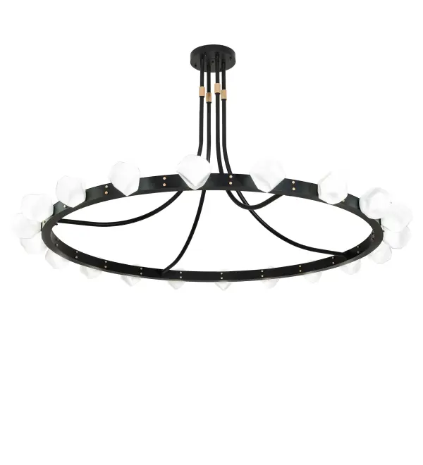 Luxurious like precious gems. 20 jewel-like, faceted White Glass elements illuminate brilliantly on a sturdy metal ring in bold Solar Black with Champagne Metallic finished decorative accents. The massive, striking pendant is perfect for entryways and lobbies in hotels and other locations. The Rory 20 Light Pendant is included in our American-made, American-designed, handcrafted Modern Lighting Collection and manufactured in Yorkville, New York. UL and cUL listed for dry and damp locations. This lighting fixture was designed by Matchline Design Group of Dallas, Texas, and is featured at the Hilton Garden Inn in Arlington, Texas. Collection: Rory Finish: Solar Black & Champagne Metallic Glass: White Glass Width: 96.00" Height: 60.00" Length: 96.00" Weight: 136.00 lb Number of Bulbs: 20 Maximum Wattage: 5.00 W Bulb Type: JCD Bulb Base: G9 Light Source: LED Material: Steel Country of Origin: USA Safety Rating: Damp LED