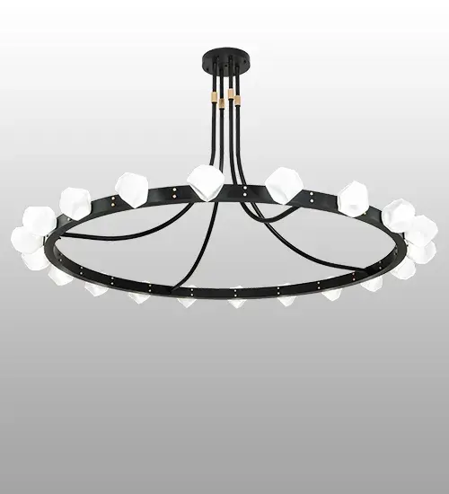Luxurious like precious gems. 20 jewel-like, faceted White Glass elements illuminate brilliantly on a sturdy metal ring in bold Solar Black with Champagne Metallic finished decorative accents. The massive, striking pendant is perfect for entryways and lobbies in hotels and other locations. The Rory 20 Light Pendant is included in our American-made, American-designed, handcrafted Modern Lighting Collection and manufactured in Yorkville, New York. UL and cUL listed for dry and damp locations. This lighting fixture was designed by Matchline Design Group of Dallas, Texas, and is featured at the Hilton Garden Inn in Arlington, Texas. Collection: Rory Finish: Solar Black & Champagne Metallic Glass: White Glass Width: 96.00" Height: 60.00" Length: 96.00" Weight: 136.00 lb Number of Bulbs: 20 Maximum Wattage: 5.00 W Bulb Type: JCD Bulb Base: G9 Light Source: LED Material: Steel Country of Origin: USA Safety Rating: Damp LED - alternate view