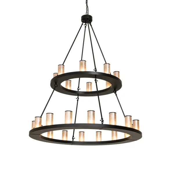 Blending an elegant style with a classic, distinguished look... The Loxley chandelier is custom-crafted with 24 Silver Mica Cylindre elements on two tiers and enhanced with a Black Satin Wrought Iron finish. This luxurious custom fixture is ideal for illuminating ballrooms, dining tables, lobbies, entryways, and other residential, hospitality, and commercial spaces throughout the US, including Arlington, Virginia, Omaha, Nebraska, and Sacramento, California. The Loxley Two Tier Chandelier is included in our American-made, American-designed, handcrafted Transitional Lighting Collection. This fixture is manufactured in Yorkville, New York. UL and cUL listed for dry and damp locations. Collection: Loxley Finish: Black Satin Wrought Iron Glass: Silver Mica Width: 54.00" Height: 67.00" Length: 54.00" Weight: 111.00 lb Number of Bulbs: 24 Maximum Wattage: 40.00 W Bulb Type: B11 Bulb Base: E26 Material: Steel Country of Origin: USA Safety Rating: Damp