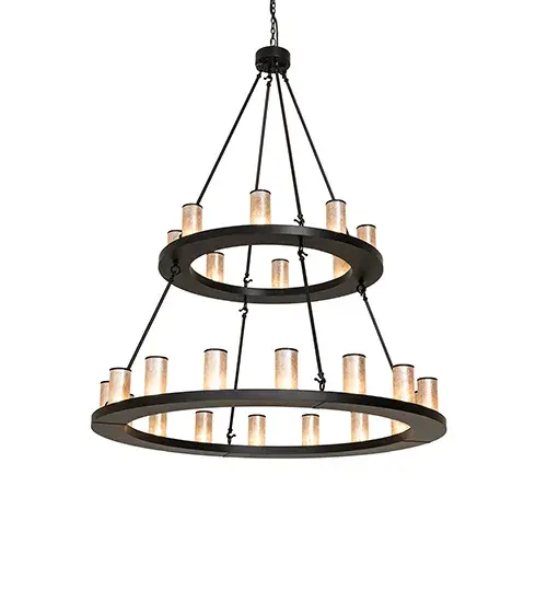 Blending an elegant style with a classic, distinguished look... The Loxley chandelier is custom-crafted with 24 Silver Mica Cylindre elements on two tiers and enhanced with a Black Satin Wrought Iron finish. This luxurious custom fixture is ideal for illuminating ballrooms, dining tables, lobbies, entryways, and other residential, hospitality, and commercial spaces throughout the US, including Arlington, Virginia, Omaha, Nebraska, and Sacramento, California. The Loxley Two Tier Chandelier is included in our American-made, American-designed, handcrafted Transitional Lighting Collection. This fixture is manufactured in Yorkville, New York. UL and cUL listed for dry and damp locations. Collection: Loxley Finish: Black Satin Wrought Iron Glass: Silver Mica Width: 54.00" Height: 67.00" Length: 54.00" Weight: 111.00 lb Number of Bulbs: 24 Maximum Wattage: 40.00 W Bulb Type: B11 Bulb Base: E26 Material: Steel Country of Origin: USA Safety Rating: Damp - alternate view