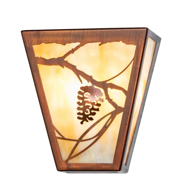Invite the beauty of nature into your home with a charming wall fixture featuring metal accents designed as a Pinecone, Pine needles, and branches. Experience the warm beauty of a Beige Art Glass diffuser which is enhanced with a Powder Coated Vintage Copper finish. The Whispering Pines Wall Sconce is featured in our American-made, American-designed, handcrafted Nature Inspired Collection. It is manufactured in Yorkville, New York. It is UL and cUL listed for dry and damp locations. Collection: Whispering Pines Finish: Vintage Copper Glass: Beige Art Glass Width: 7.00" Height: 8.00" Length: 3.50" Weight: 2.50 lb Number of Bulbs: 3 Maximum Wattage: 60.00 W Bulb Type: B10 Bulb Base: E12 Material: Steel Country of Origin: USA Safety Rating: Damp