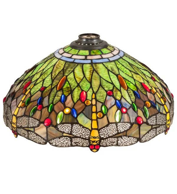 This beloved lighting design is modeled after the original hanging-head dragonfly from Tiffany Studios. Soaring Blue Dragonflies with glowing jeweled eyes and delicate metal filigree wings circle over hand-cut and hand-soldered pieces of Pond Green glass representing rippling water. This lovely shade is created using the famous Meyda Tiffany copperfoil construction technique. This shade pairs well with a torchiere base in model 272748, the Tiffany Hanginghead Dragonfly Torchiere. The Tiffany Hanginghead Dragonfly Shade is included in our American-designed, handcrafted Tiffany Reproduction Collection. Collection: Tiffany Hanginghead Dragonfly Glass: Stained Glass Width: 18.00" Height: 9.25" Length: 18.00" Weight: 4.50 lb Country of Origin: CHINA Safety Rating: Dry