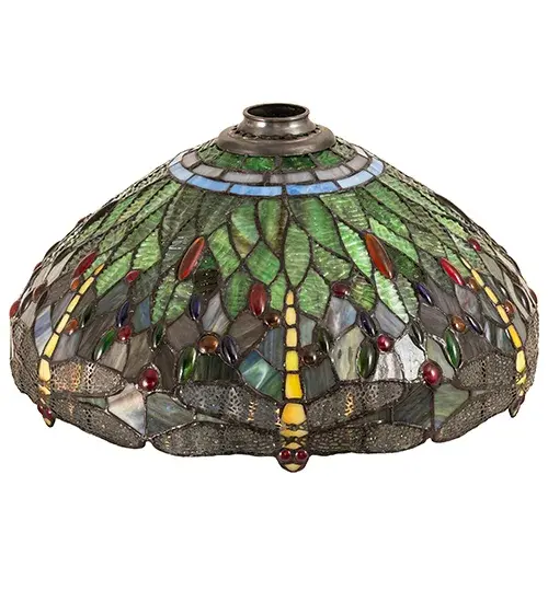 This beloved lighting design is modeled after the original hanging-head dragonfly from Tiffany Studios. Soaring Blue Dragonflies with glowing jeweled eyes and delicate metal filigree wings circle over hand-cut and hand-soldered pieces of Pond Green glass representing rippling water. This lovely shade is created using the famous Meyda Tiffany copperfoil construction technique. This shade pairs well with a torchiere base in model 272748, the Tiffany Hanginghead Dragonfly Torchiere. The Tiffany Hanginghead Dragonfly Shade is included in our American-designed, handcrafted Tiffany Reproduction Collection. Collection: Tiffany Hanginghead Dragonfly Glass: Stained Glass Width: 18.00" Height: 9.25" Length: 18.00" Weight: 4.50 lb Country of Origin: CHINA Safety Rating: Dry - alternate view