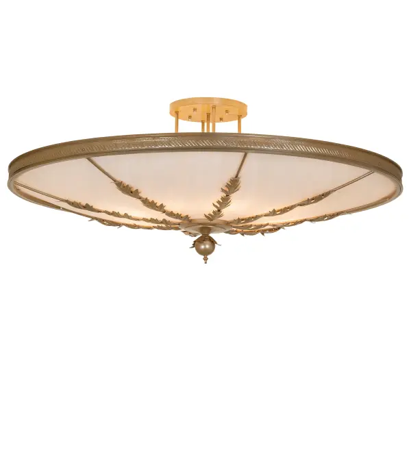 Hoja is beautifully adorned with metal accents replicating Acanthus leaves; a rope-like textured border; and a finial in a Champagne Metallic finish. This massive; contoured ceiling fixture features an Angelwing Idalight shade. This fixture is ideal for living spaces; guest rooms; foyers; and other residential; hospitality; and commercial spaces from Charlotte; North Carolina; to Dallas; Texas; to San Diego; California. The Hoja Semi-Flushmount is included in our American-made; American-designed; handcrafted Contemporary Collection and manufactured in Yorkville; New York. UL and cUL listed for dry and damp locations.