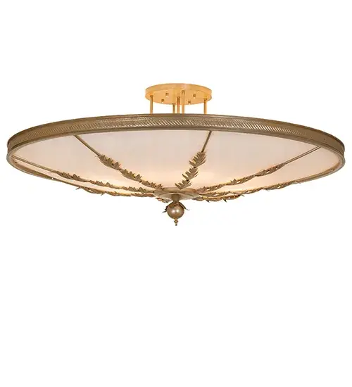 Hoja is beautifully adorned with metal accents replicating Acanthus leaves; a rope-like textured border; and a finial in a Champagne Metallic finish. This massive; contoured ceiling fixture features an Angelwing Idalight shade. This fixture is ideal for living spaces; guest rooms; foyers; and other residential; hospitality; and commercial spaces from Charlotte; North Carolina; to Dallas; Texas; to San Diego; California. The Hoja Semi-Flushmount is included in our American-made; American-designed; handcrafted Contemporary Collection and manufactured in Yorkville; New York. UL and cUL listed for dry and damp locations. - alternate view