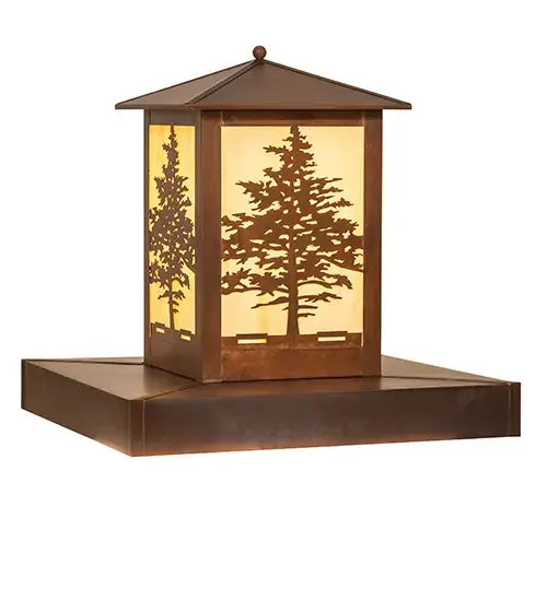 This stunning lighting fixture features tall Tamarack trees that grow tall towards the brilliant beams of a sunlit sky streaked with an array of Yellow tones glowing from the beautiful Travertine Idalight diffuser. Constructed of Solid Copper; this lighting fixture is handcrafted for durability and longevity and is resistant to rust and corrosion. Designed in the Arts and Crafts tradition; this handsome shade is complemented with a Vintage Copper finish and illuminates with Integral LEDs. The indoor/outdoor lighting pier mount can be mounted to square columns and posts on patios and decks while providing beautiful ambient lighting in fine homes and other spaces; from Biltmore; North Carolina; to Dumbarton Oaks in Washington; DC; to Montecito; California. The Tamarack Pier Mount is featured in our American-made; American-designed; handcrafted Nature Inspired Lighting Collection. This fixture is manufactured in Yorkville; New York. UL and cUL listed for dry; damp; and wet locations. - alternate view