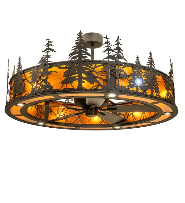 Mesmerizing Pine Tree silhouettes stand tall as the brilliant morning sun rises above the mountain lake in the background. The diffuser features beautiful Amber Mica illuminated as gentle breezes are created by the fan spinning quietly in the center; complemented by decorative accents in an Oil Rubbed Bronze finish. This innovative custom fan-integrated lighting fixture delivers four layers of light; including decorative; task; accent; and ambient illumination. Four circuits are used to operate ten inner lights that bring out the beauty of the mica; five uplights deliver ambient illumination; five downlights deliver functional illumination on surfaces below; a single spot performs accent illumination; and the fifth circuit operates the fan that spins quietly inside-- to create the perfect ambiance in the space. It is ideal for illuminating great rooms and other large spaces in residential and hospitality settings. This unique lighting design is inspired by pine trees found in national pine forests; from the Black Hills in Wyoming; to Deschutes National Forest in central Oregon; to Bristlecone Forest in the White Mountains in Bishop; California. In summer; the fan circulates windchill to keep the space cool & comfortable. In winter; the fan reverses to pull air towards the ceiling; force the warm air back down & circulate to create warmth. The Tall Pines Chandel-Air is included in our American-made; American-designed; handcrafted Chandel-Air Collection and manufactured in Yorkville; NY. UL & cUL listed for dry and damp locations.