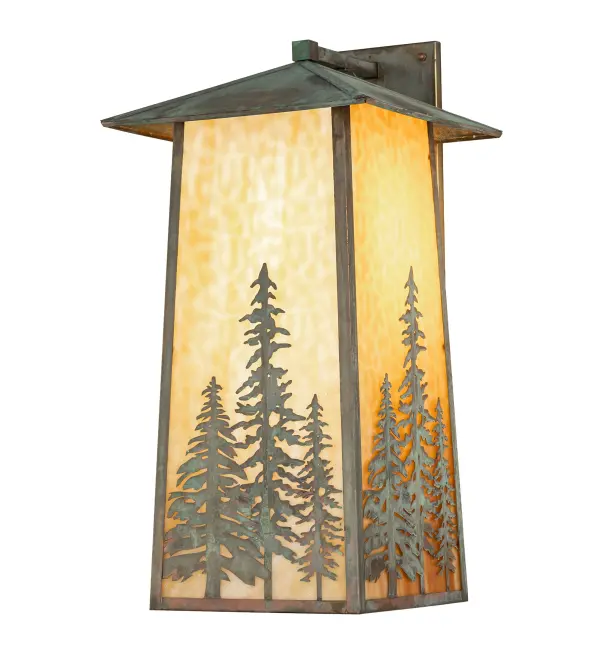 This handsome Craftsman-style Brass wall sconce is inspired by the Arts and Crafts movement. The Nature-Inspired Tall Pines design is featured on a Beige Art Glass lens; with a frame and hardware finished in Verdigris. The fixture is perfect for illuminating the interior and exterior of timber homes; modern farmhouses; and other spaces. At 30 inches in height; this fixture is particularly well-suited for a front porch with large exterior columns for an elevated design aesthetic. Accentuate the height of an impressive entryway with two tall; slender rustic sconces. The Stillwater Tall Pines Wall Sconce is included in our American-made; American-designed; handcrafted Craftsman Signature Series and manufactured in Yorkville; New York. UL and cUL listed for dry; damp; and wet locations. Our Build Your Own Craftsman Signature Series features unlimited combinations of styles. The collection is called Build Your Own because it is fully configurable and customizable from size and design to finish and lens color. Marine grade; solid brass; or copper raw materials are utilized to ensure items from the Craftsman Signature Series of outdoor and indoor lighting will stand the test of time; as these premium metals are impervious to most types of oxidation. Hand-applied Patina finishes on brass and copper are sealed with a clear varnish and over time; may require gentle maintenance; such as wax; to delay or reverse the natural living finish attributes indicative of this finishing process. Patina finishes on brass and copper provide strong resistance to fading from sun exposure; will not chip or crack; and will not rust like a steel-framed item in the same conditions. Choose from many style options; or send us your concept today! Call today to learn how to use the configuration tool available on our website for an instant item number!