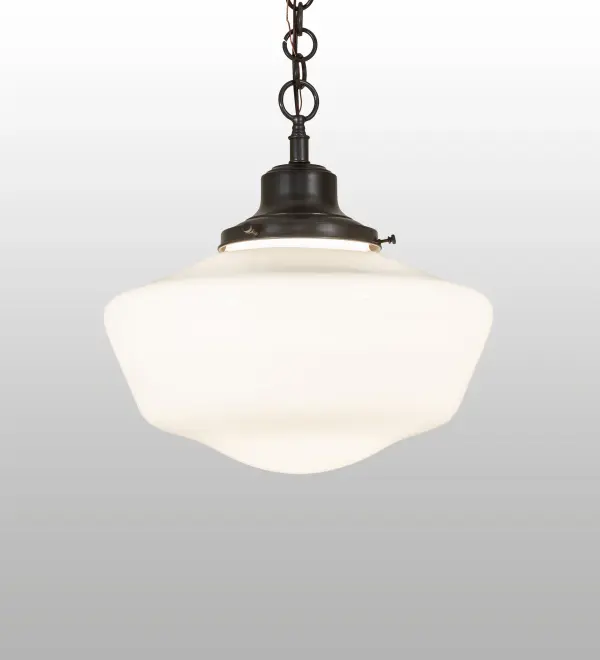 Restore the past with this always fashionable early electric reproduction ceiling fixture. The handsome pendant features a beautifully formed White Opal Schoolhouse Glass shade and is complemented with a Craftsman Brown finish. This vintage-style lighting fixture features a refined yet consistent, distinctive design that originated back in traditional schoolhouses and public buildings in the early 1920s. The pendant is perfect for entryways and lobbies in structures from Wells, Maine, to Columbia County, New York, to Canaan, Pennsylvania. The overall height ranges from 21 to 25 inches, as the chain length can be easily adjusted in the field to accommodate your specific lighting application needs. The Revival Schoolhouse Pendant is included in our American-designed, handcrafted Schoolhouse Lighting Collection. UL & cUL listed for dry and damp locations. Collection: Revival Finish: Craftsman Brown Glass: White Opal Glass Width: 16.00" Height: 21.00" Length: 16.00" Weight: 7.50 lb Number of Bulbs: 1 Maximum Wattage: 60.00 W Bulb Type: A19 Bulb Base: E26 Material: Brass Country of Origin: USA Safety Rating: Damp