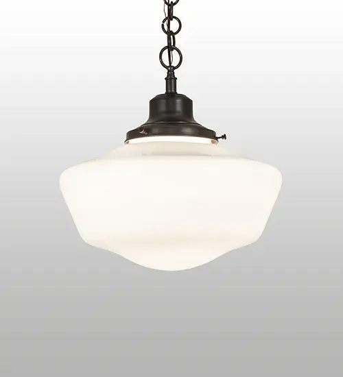 Restore the past with this always fashionable early electric reproduction ceiling fixture. The handsome pendant features a beautifully formed White Opal Schoolhouse Glass shade and is complemented with a Craftsman Brown finish. This vintage-style lighting fixture features a refined yet consistent, distinctive design that originated back in traditional schoolhouses and public buildings in the early 1920s. The pendant is perfect for entryways and lobbies in structures from Wells, Maine, to Columbia County, New York, to Canaan, Pennsylvania. The overall height ranges from 21 to 25 inches, as the chain length can be easily adjusted in the field to accommodate your specific lighting application needs. The Revival Schoolhouse Pendant is included in our American-designed, handcrafted Schoolhouse Lighting Collection. UL & cUL listed for dry and damp locations. Collection: Revival Finish: Craftsman Brown Glass: White Opal Glass Width: 16.00" Height: 21.00" Length: 16.00" Weight: 7.50 lb Number of Bulbs: 1 Maximum Wattage: 60.00 W Bulb Type: A19 Bulb Base: E26 Material: Brass Country of Origin: USA Safety Rating: Damp - alternate view