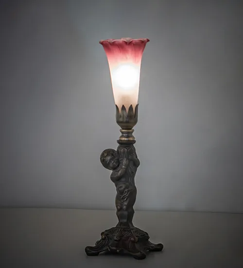 12" High Pink/White Tiffany Pond Lily Cherub Mini Lamp