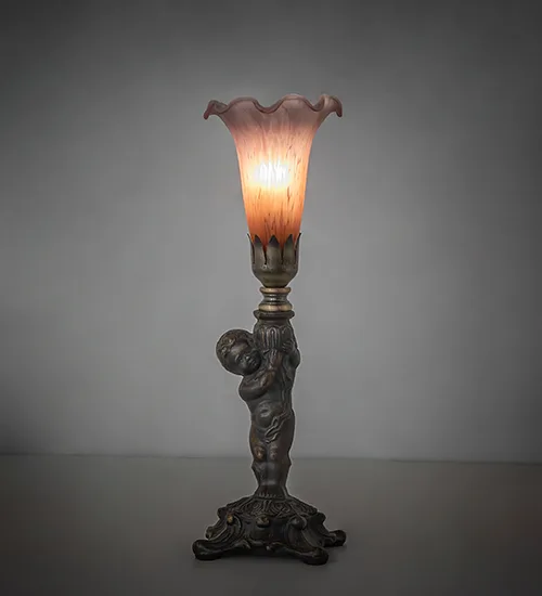 12" High Amber/Purple Tiffany Pond Lily Cherub Mini Lamp