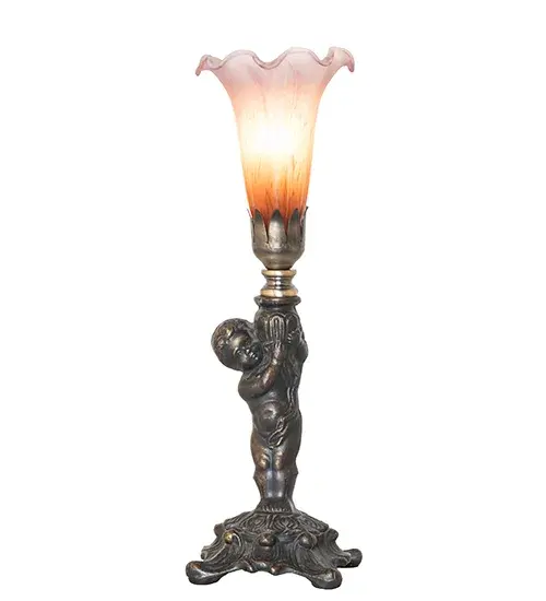 Inspired by the famous Tiffany design from the early 1900s. This mini lamp features a stunning shade mouth blown of Amber and Purple Favrile-style art glass. The Pond Lily shade is embraced by an elegant cast base featuring a charming cherub finished by hand in Antique Brass. The Pond Lily Mini Lamp is featured in our American-designed; handcrafted Favrile Glass Collection. UL and cUL listed for dry locations. Each shade is a unique work of art with color variations based on natural ingredients inherent in the glass. - alternate view