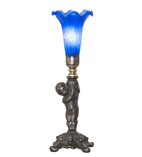 Inspired by the famous Tiffany design from the early 1900s. This mini lamp features a stunning shade mouth blown of Blue Favrile-style art glass. The Pond Lily shade is embraced by an elegant cast base featuring a charming cherub finished by hand in Antique Brass. The lamp is perfect for placement in a picture window; desk; or credenza in homes from High Point; North Carolina; to El Paso; Texas. The Pond Lily Mini Lamp is featured in our American-designed; handcrafted Favrile Glass Collection. UL and cUL listed for dry locations. Each shade is a unique work of art with color variations based on natural ingredients inherent in the glass. - alternate view