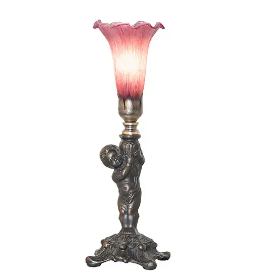 Recreating the famous Tiffany design from the early 1900s. This mini lamp features a stunning shade mouth blown of Lavender Favrile-style art glass. The Pond Lily shade is embraced by an elegant cast metal base featuring a charming cherub finished by hand in Antique Brass. This lamp is ideal for illuminating picture windows; credenzas; and desktops in fine homes and hotels from Buffalo-Cheektowaga; New York; to the Providence-Warwick; Rhode Island region. The Pond Lily Mini Lamp is included in our American-designed; handcrafted Favrile Glass Collection. UL and cUL listed for dry locations. Each shade is a unique work of art with color variations based on natural ingredients inherent in the glass. - alternate view