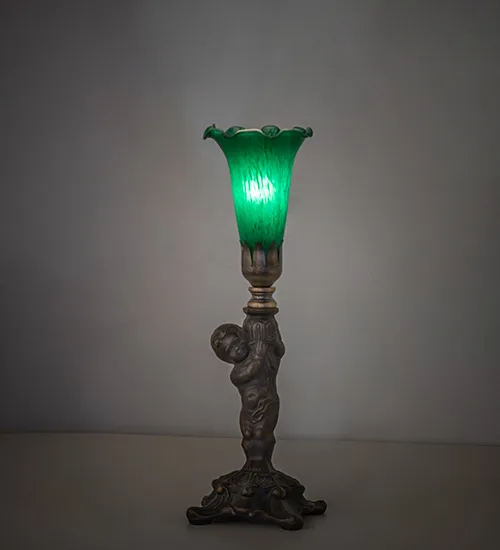 12" High Green Tiffany Pond Lily Cherub Mini Lamp