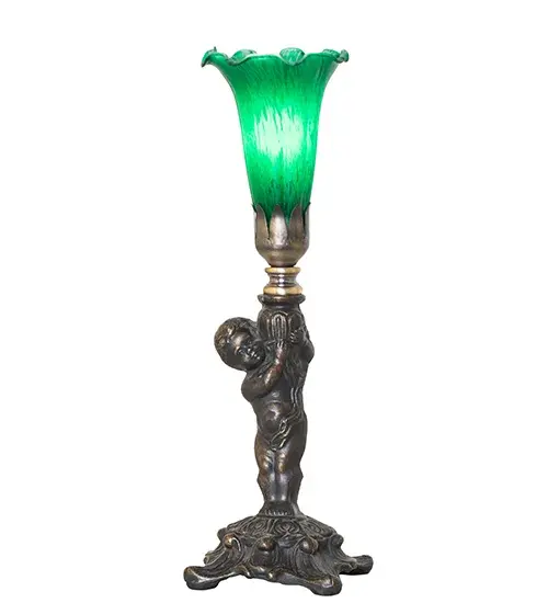 Recreating the famous Tiffany design from the early 1900s. This mini lamp features a stunning shade mouth blown of Green Favrile-style art glass. The Pond Lily shade is embraced by an elegant cast metal base featuring a charming cherub finished by hand in Antique Brass. This lamp is ideal for illuminating picture windows; credenzas; and desktops in fine homes and hotels from Buffalo-Cheektowaga; New York; to the Providence-Warwick; Rhode Island region. The Pond Lily Mini Lamp is included in our American-designed; handcrafted Favrile Glass Collection. UL and cUL listed for dry locations. Each shade is a unique work of art with color variations based on natural ingredients inherent in the glass. - alternate view