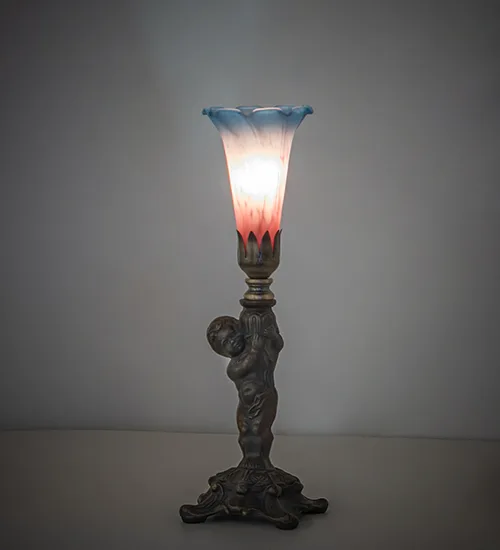 12" High Pink/Blue Tiffany Pond Lily Cherub Mini Lamp