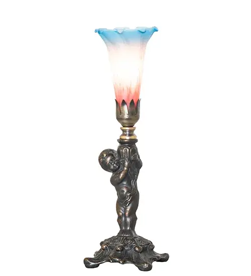 Recreating the famous Tiffany design from the early 1900s. This mini lamp features a stunning shade mouth blown of Pink and Blue Favrile-style art glass. The Pond Lily shade is embraced by an elegant cast metal base featuring a charming cherub finished by hand in Antique Brass. This lamp is ideal for illuminating picture windows; credenzas; and desktops in fine homes and hotels from Buffalo-Cheektowaga; New York; to the Providence-Warwick; Rhode Island region. The Pond Lily Mini Lamp is included in our American-designed; handcrafted Favrile Glass Collection. UL and cUL listed for dry locations. Each shade is a unique work of art with color variations based on natural ingredients inherent in the glass. - alternate view