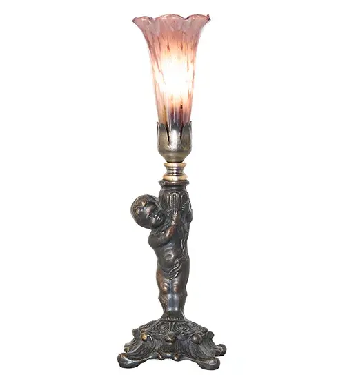 Recreating the famous Tiffany design from the early 1900s. This mini lamp features a stunning shade mouth blown of Purple Iridescent Favrile-style art glass. The Pond Lily shade is embraced by an elegant cast base featuring a charming cherub finished by hand in Antique Brass. This lamp is ideal for illuminating picture windows; credenzas; and desktops in fine homes and hotels from Buffalo-Cheektowaga; New York; to the Providence-Warwick; Rhode Island region. The Pond Lily Mini Lamp is featured in our American-designed; handcrafted Favrile Glass Collection. UL and cUL listed for dry locations. Each shade is a unique work of art with color variations based on natural ingredients inherent in the glass. - alternate view