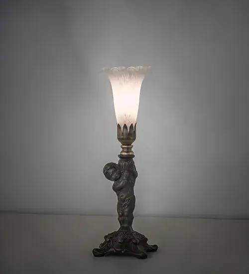Inspired by the famous Tiffany design from the early 1900s. This mini lamp features a stunning shade mouth blown of White Favrile-style art glass. The Pond Lily shade is embraced by an elegant cast metal base featuring a charming cherub finished by hand in Antique Brass. The Pond Lily Mini Lamp is included in our American-designed; handcrafted Favrile Glass Collection. UL and cUL listed for dry locations. Each shade is a unique work of art with color variations based on natural ingredients inherent in the glass.