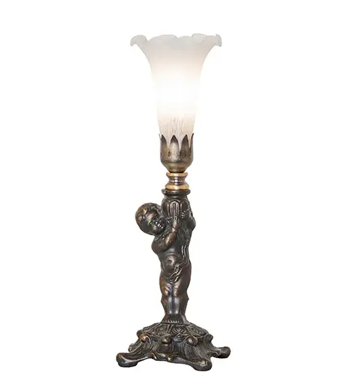 Inspired by the famous Tiffany design from the early 1900s. This mini lamp features a stunning shade mouth blown of White Favrile-style art glass. The Pond Lily shade is embraced by an elegant cast metal base featuring a charming cherub finished by hand in Antique Brass. The Pond Lily Mini Lamp is included in our American-designed; handcrafted Favrile Glass Collection. UL and cUL listed for dry locations. Each shade is a unique work of art with color variations based on natural ingredients inherent in the glass. - alternate view
