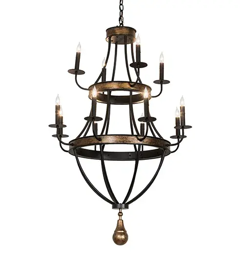 A magnificent show of luxury in light; the impressive Georgetown Chandelier embodies two sturdy rings; a hub highlighted with Brushed Gold finished bands; and a matching pear-shaped finial. The extraordinary frame and hardware are featured in a Textured Black finish. The top tier displays four complementary faux candlelights; while the lower tier features eight faux candlelights; a total of 12 in a complementary hue to match the bobeches and arms. These eye-catching rings emit a clean glow and enhance the ambiance of the surrounding space as they elevate the fixture's appeal in homes and hotels from Concord; New Hampshire; to Lincoln; Nebraska. The overall height ranges from 49 to 67 inches as the chain easily adjusts in the field. The Georgetown 12 Light Chandelier is featured in our American-made; American-designed; handcrafted Traditional Lighting Collection; which is manufactured in the USA. UL & cUL listed for dry and damp locations and designed for Shelly Kolb of Kolb Vineyards in Newberg; Oregon. - alternate view