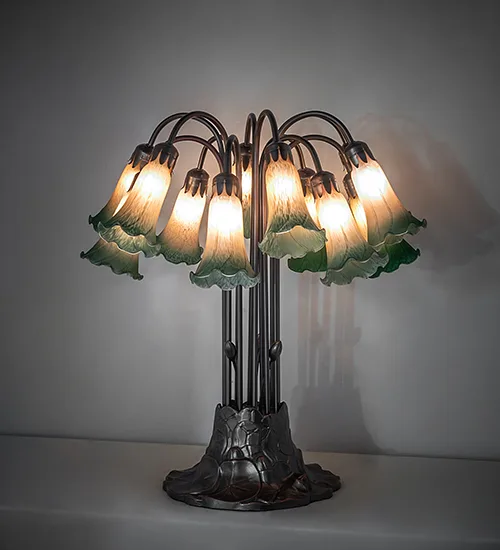 24" High Amber/Green Tiffany Pond Lily 12 Light Table Lamp