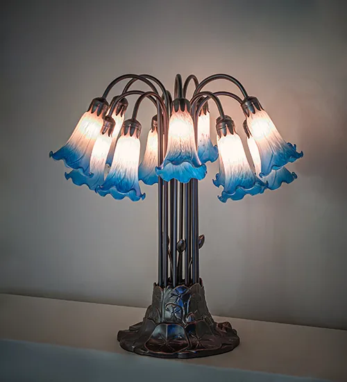 24" High Pink/Blue Tiffany Pond Lily 12 Light Table Lamp