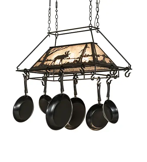 A handsome Nature-inspired chandelier featuring a majestic Moose meandering by a woodland lake and doubling as a lighted pot rack... The lighted pot rack features a Silver Mica shade and a sturdy frame with a stunning Textured Black finish. The fixture is designed with hooks to display fine cookware and accessories in a culinary space in residential settings from Orange Beach; Alabama; to Telluride; Colorado. The overall height ranges from 21 to 34 inches; as the chain length can be easily adjusted in the field to accommodate your specific lighting needs. The Moose at Lake Lighted Pot Rack is included in our American-made; American-designed; handcrafted Pot Rack Collection and manufactured in Yorkville; New York. UL and cUL listed for dry and damp locations. (Cookware not included). - alternate view