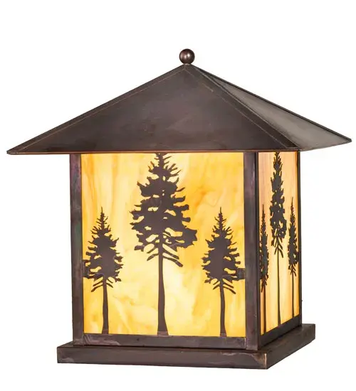 Designed as a stunning Nature-inspired element to top off any post or column; this fixture features Tall Pine Tree silhouettes in Vintage Copper. The lighting fixture is highlighted with a beautiful Travertine Idalight lens. The fixture features authentic Copper construction for longevity in outdoor environments; including piers; decks; and patios; from Johnson City; Tennessee; to Eugene Oregon; to Palmdale; California. The Great Pines Pier Mount is included in our American-made; American-designed; handcrafted Outdoor Lighting Collection. It is manufactured in Yorkville; New York. UL and cUL listed for dry; damp and wet locations. Upstate New York's adventurous playland; known as the Adirondack Mountains; with its many breathtaking forests; lakes; and rivers; is the spiritual birthplace of Meyda and inspires our rustic-themed collections. - alternate view