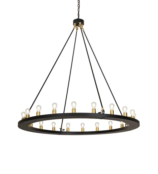 Blending an elegant style with a classic, distinguished look... The Loxley chandelier is custom-crafted with 20 Edison-style lamps and complemented with a Solar Black finish. The overall height ranges from 64 to 183 inches, as the chain can be adjusted in the field to meet your exact lighting specifications. This massive, luxurious custom fixture is ideal for illuminating ballrooms, dining tables, lobbies, entryways, and other residential, hospitality, and commercial spaces throughout the U.S., including Arlington, Virginia, Omaha, Nebraska, and Sacramento, California. The Loxley Chandelier is featured in our American-made, American-designed, handcrafted Transitional Lighting Collection. This fixture is manufactured in Yorkville, New York. UL and cUL listed for dry and damp locations. Collection: Loxley Finish: Solar Black W/Brushed Brass Width: 60.00" Height: 64.00" Length: 60.00" Weight: 85.00 lb Number of Bulbs: 20 Maximum Wattage: 40.00 W Bulb Type: A19 Bulb Base: E26 Material: Steel Country of Origin: USA Safety Rating: Damp