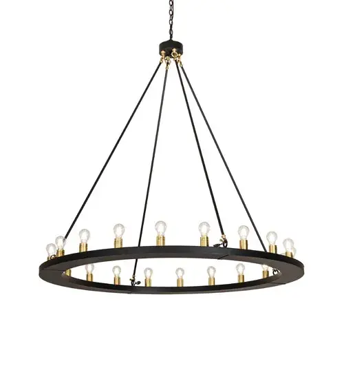 Blending an elegant style with a classic, distinguished look... The Loxley chandelier is custom-crafted with 20 Edison-style lamps and complemented with a Solar Black finish. The overall height ranges from 64 to 183 inches, as the chain can be adjusted in the field to meet your exact lighting specifications. This massive, luxurious custom fixture is ideal for illuminating ballrooms, dining tables, lobbies, entryways, and other residential, hospitality, and commercial spaces throughout the U.S., including Arlington, Virginia, Omaha, Nebraska, and Sacramento, California. The Loxley Chandelier is featured in our American-made, American-designed, handcrafted Transitional Lighting Collection. This fixture is manufactured in Yorkville, New York. UL and cUL listed for dry and damp locations. Collection: Loxley Finish: Solar Black W/Brushed Brass Width: 60.00" Height: 64.00" Length: 60.00" Weight: 85.00 lb Number of Bulbs: 20 Maximum Wattage: 40.00 W Bulb Type: A19 Bulb Base: E26 Material: Steel Country of Origin: USA Safety Rating: Damp - alternate view