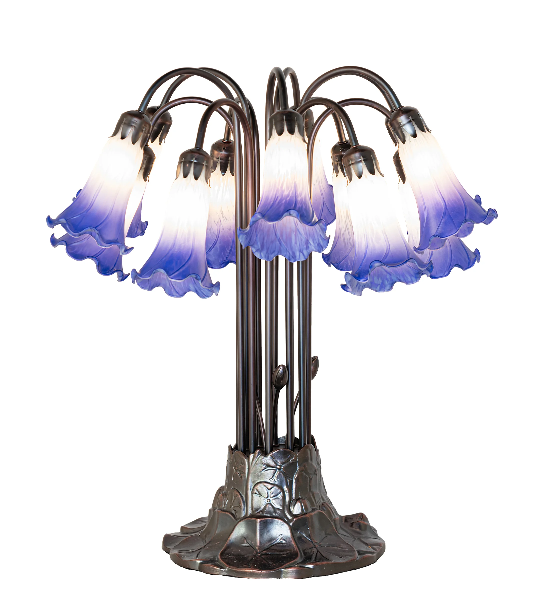 Blue/White Tiffany Pond Lily 12 Light Table Lamp in Mahogany Bronze