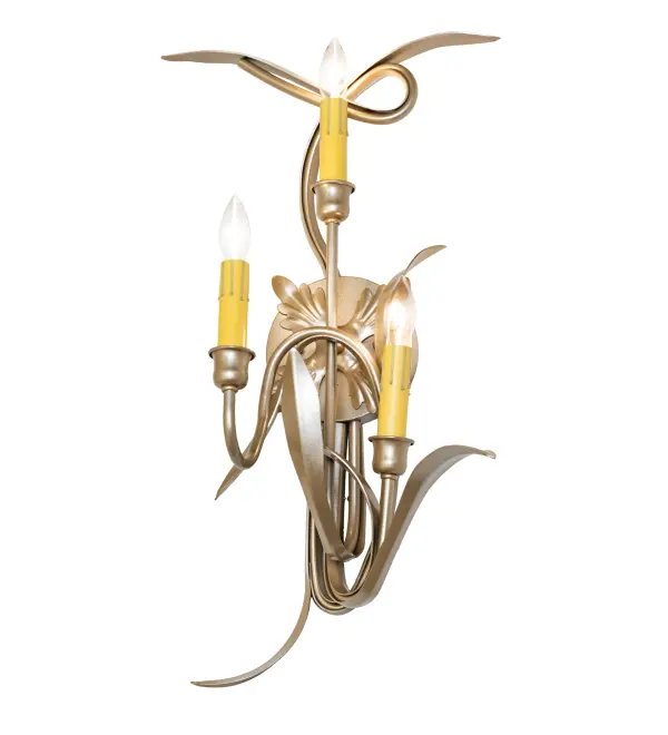 The Roselle Wall Sconce defines unsurpassed elegance; grace; and beauty with a shapely frame and hardware in an exquisite Champagne Metallic finish; Hand-Forged Iron Arms and Willow Leaf metal accents complement three Ivory faux candlelights; creating beautiful ambient illumination. The luxurious wall luminaire will add sophisticated sparkle and romantic charm to any room and is ideal for illuminating walls in fine homes and hotels. The Roselle 3 Light Wall Sconce is included in our American-made; American-designed; handcrafted Traditional Lighting Collection and manufactured in Yorkville; New York. The fixture is UL and cUL listed for dry and damp locations.