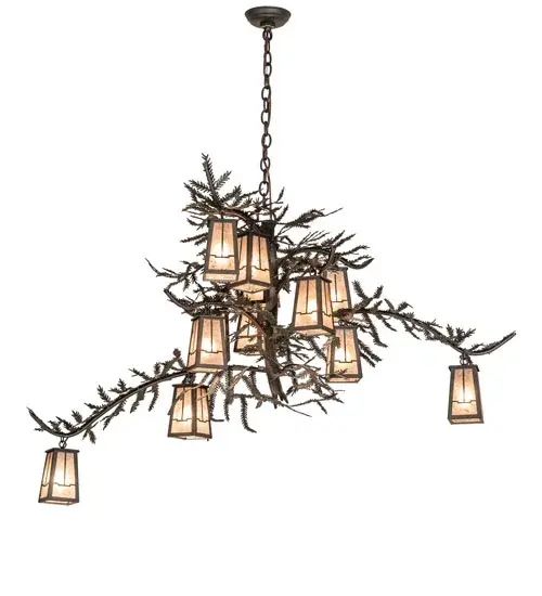 Invite the natural charm of the American woodlands into your camp, lodge, home, or business with this awe-inspiring chandelier. Twelve Silver Mica lanterns are offered in this stunning Arts & Crafts design and adorn Pine Branch-shaped metal arms with pine needle metal accents. This stunning elaborate fixture features a warm Oil Rubbed Bronze finish. The overall height ranges from 37 to 108 inches, and the chain length can be easily adjusted in the field to meet your lighting needs. The fixture is inspired by the beautiful Pine Tree forests from the Chiricahua Mountains and Huachuca Mountains near Tucson and Sierra Vista in Arizona, to the Pine Forest Range in Humboldt County in Nevada. It is ideal for making a dramatic design statement in an entryway, lobby, or ballroom. The Pine Branch Valley View 12 Light Chandelier is included in our American-made, American-designed, handcrafted Nature Inspired Lighting Collection. UL and cUL listed for dry and damp locations. Collection: Pine Branch Finish: Oil Rubbed Bronze Glass: Silver Mica Width: 40.00" Height: 37.00" Length: 52.00" Weight: 25.00 lb Number of Bulbs: 12 Maximum Wattage: 60.00 W Bulb Type: B10 Bulb Base: E12 Material: Steel Country of Origin: USA Safety Rating: Damp - alternate view