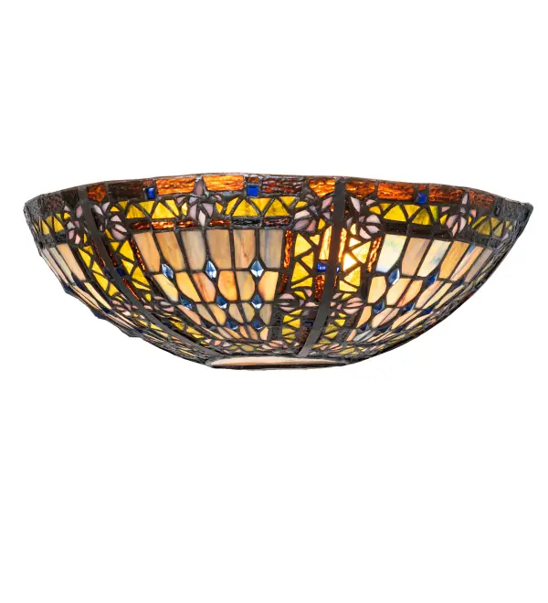 A Meyda Tiffany original... This Fleur-de-lis ceiling fixture is an elegant design featuring stylized three-petal Amber colored Irises with Blue glass jewels among Amber Granite Glass and Beige Iridescent glass. The inverted; crescent-shaped stained glass shade is reminiscent of European castles and cathedral glass and is handcrafted utilizing the famous Meyda Tiffany copperfoil construction process. The fixture is ideal for illuminating hallways and dining areas in homes and restaurants from Madawaska; Maine; to Berlin; New Hampshire; to Baton Rouge; Louisiana. The Fleur-de-lis Wall Sconce is included in our American-designed; handcrafted Fleur-de-lis Collection. UL and cUL listed for dry and damp locations.