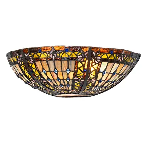 A Meyda Tiffany original... This Fleur-de-lis ceiling fixture is an elegant design featuring stylized three-petal Amber colored Irises with Blue glass jewels among Amber Granite Glass and Beige Iridescent glass. The inverted; crescent-shaped stained glass shade is reminiscent of European castles and cathedral glass and is handcrafted utilizing the famous Meyda Tiffany copperfoil construction process. The fixture is ideal for illuminating hallways and dining areas in homes and restaurants from Madawaska; Maine; to Berlin; New Hampshire; to Baton Rouge; Louisiana. The Fleur-de-lis Wall Sconce is included in our American-designed; handcrafted Fleur-de-lis Collection. UL and cUL listed for dry and damp locations. - alternate view