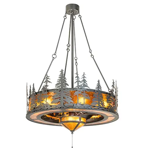 Mesmerizing Pine Tree silhouettes stand tall as the brilliant morning sun rises above the woodlands in the background. The diffuser features a beautiful Amber Mica lens with a matching shade below illuminated as gentle breezes are created by the fan spinning quietly in the center. This remarkable fixture is complemented by decorative accents in a Wrought Iron finish. This innovative custom fan-integrated lighting fixture features eight inner lights illuminating the larger diffuser, and the bottom shade includes three inner lights. It is ideal for illuminating great rooms and other large spaces in residential and hospitality settings. This unique lighting design is inspired by pine trees found in national pine forests, from the Black Hills in Wyoming, to Deschutes National Forest in central Oregon, to Bristlecone Forest in the White Mountains in Bishop, California. In summer, the fan circulates windchill to keep the space cool & comfortable. In winter, the fan reverses to pull air towards the ceiling, force the warm air back down & circulate to create warmth. The Tall Pines Chandel-Air is included in our American-made, American-designed, handcrafted Chandel-Air Collection and manufactured in Yorkville, NY. UL & cUL listed for dry and damp locations. Upstate New York's adventurous playland, known as the Adirondack Mountains, with its many breathtaking forests, lakes, and rivers, is the spiritual birthplace of Meyda and inspires our rustic-themed mica collections. Collection: Tall Pines Finish: Wrought Iron Oiled Bronze Glass: Amber Mica Ac Motor Width: 44.50" Height: 65.00" Length: 44.50" Weight: 115.00 lb Number of Bulbs: 8 Maximum Wattage: 60.00 W Bulb Type: A19 Bulb Base: E26 Country of Origin: USA Safety Rating: Damp - alternate view