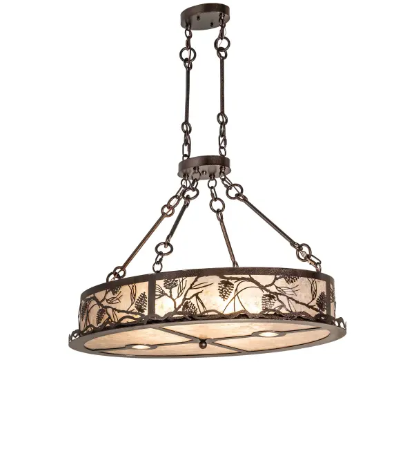 Beautifully nature-inspired lighting. This oblong pendant features a stunning Silver Mica shade enhanced with Pinecone and Pine Needle metal accents. The shades are adorned with decorative accents representing the edges of serrated leaves in a Copper Vein finish. The fixture is ideal for illuminating kitchen islands; tables; counters; bars; and other residential; hospitality; and commercial spaces; from Vancouver; Washington; to Salem; Oregon; to Corona; California. The Winter Pine Tall Pines Island Pendant is included in our American-made; American-designed; handcrafted Nature-inspired Lighting Collection. It is UL and cUL listed for dry and damp locations.